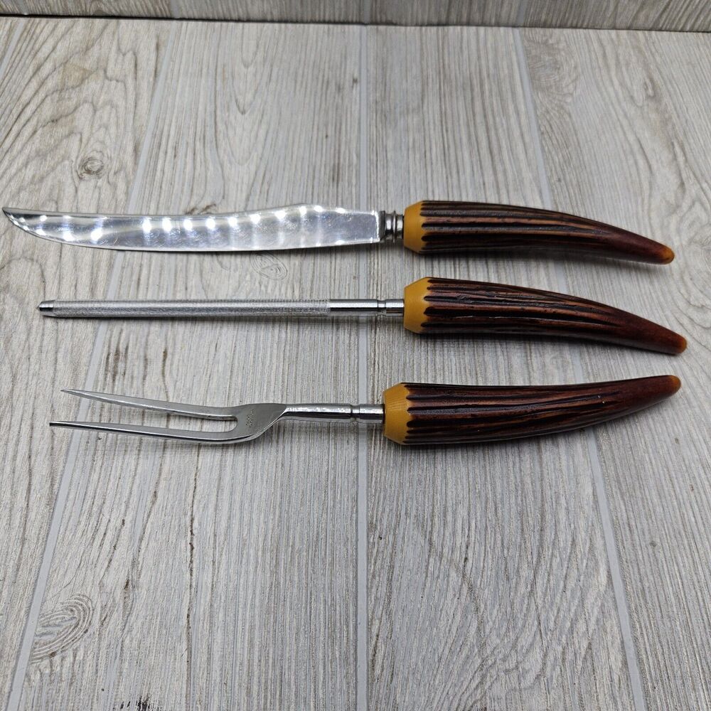 Vintage MCM Carving Set Bakelite Faux Antler Olde English‎ Sheffield Stainless